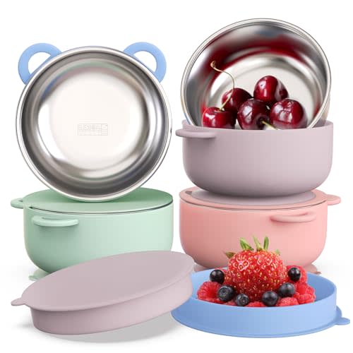 Bakpoco Baby Suction Bowls with Lids 4-Pack, 2-in-1 Stainless Steel 304 Toddler Bowl & Removable Silicone Suction Kids Bowl Plate Set Non Toxic Snack Dishes for Self-Feeding, Unicorn Magic Set