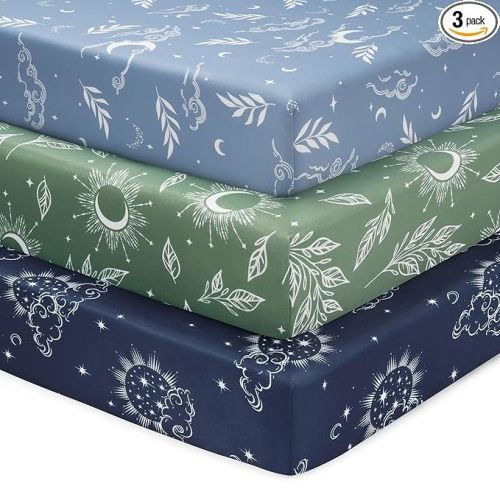 Baby Crib Sheets for Boys and Girls, 3 Pack Fitted Toddler Bed Sheets Neutral for 52”x28” Standard Crib and Toddler Mattresses, Super Soft Microfiber Green Starry Sky