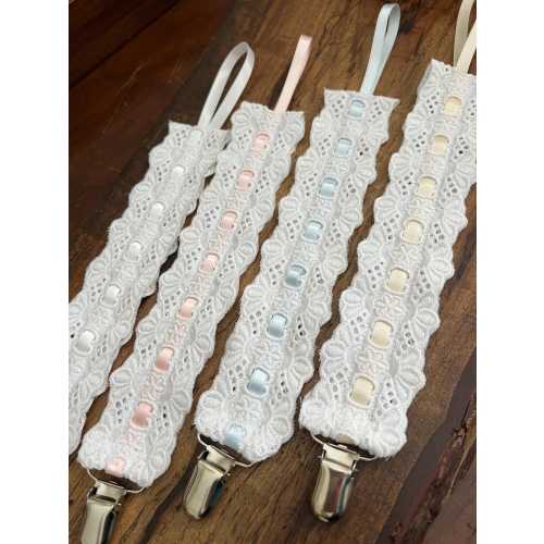 White Heirloom Fancy Pacifier Clip Holder Made with White Cotton Lace and Satin Ribbon Pink Blue Ivory White Baby Girl Boy Dressy
