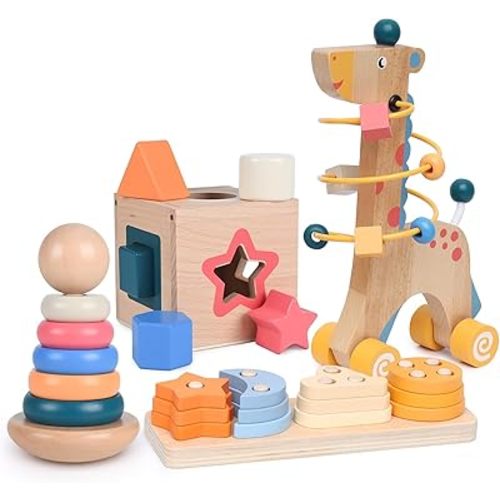 Wooden Montessori Toys for 1 Year Old, 4-in-1 Educational Sensory and Baby Learning Toys for Toddlers Aged 1-3, Boy and Girl's Best Gifts for Birthday (Log)