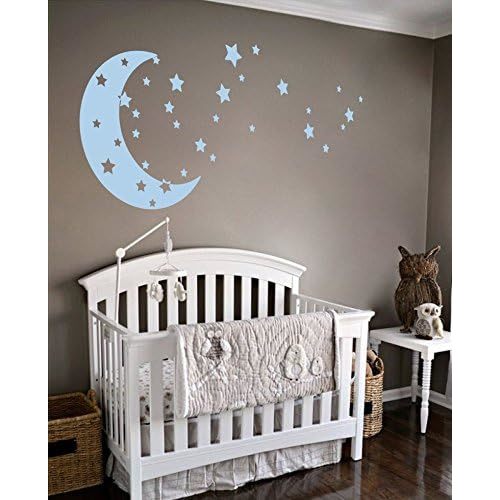 Moon and Stars Night Sky Vinyl Wall Art Decal Sticker Design for Nursery Room DIY Mural Decoration (Powder Blue, 22x49 inches)