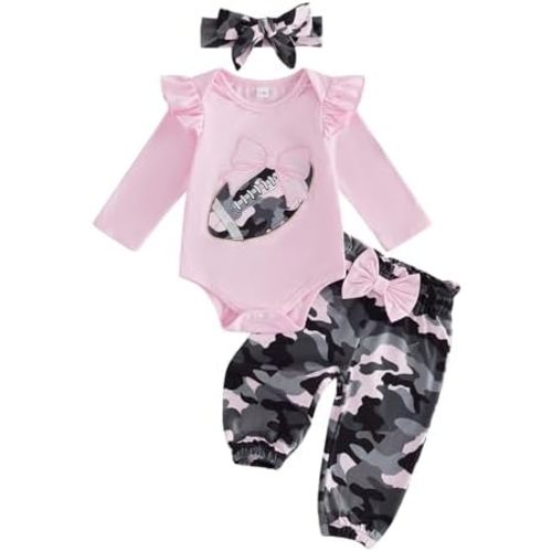 Football Baby Girl Outfit Ruffle Sleeve Romper Camo Pants with Bow Headband
