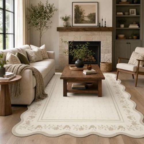 5'x7' Modern Scalloped Floral Area Rug, Washable Soft Non Slip Low Pile Indoor Carpet, Farmhouse Rugs for Living Room Bedroom Office Kitchen