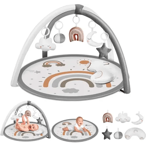 dearlomum Baby Play Gym Mat, Tummy Time Mat with 6 Detachable Toys for Stage-Based Sensory & Motor Skill All Development, Washable Non Slip Play Mats for Infant, Newborn Essentials Gift(Gray)