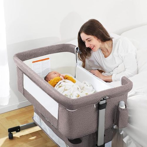 Ihoming Baby Bassinet Bedside Sleeper, Adjustable Bedside Crib for Newborn Infant with Storage Basket, Height Adjustable Bedside Bassinet for Safe Co Sleeping, Deep Gray