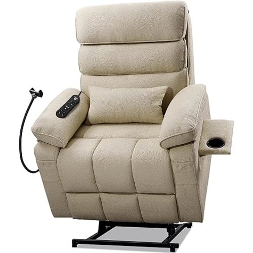 Dual Motor Recliner Chair with Heat & Massage,Chenille Power Lift Recliner Chair for Elderly,Cup Holder Tray,Phone Holder,Detachable Armrests,USB & Type-C Ports,Pillow(White Fabric)