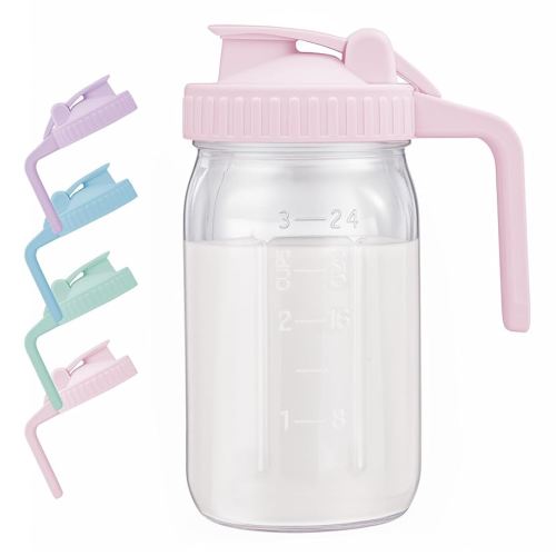 Breast Milk Pitcher with Leak Proof Flip Cap & Pour Spout, 32 oz Wide Mouth Mason Jars for Breast Milk Storage Container, Glass Picther with Lid for Cold Brew Coffee, Sun Tea, Juices, Pink