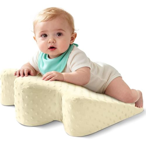Tummy Time Support Pillow with Plush Cover for Baby Gas, Colic Relief & Burp, Nursing Reflux Prop for Feeding, Neck, Shoulder and Body, Tummy Time Mat for Newborns and Infant 0-12 Months - Beige