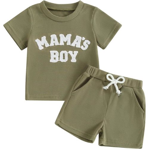 Kupretty Toddler Baby Boy Summer Clothes Embroiderey Waffle Knit Short Sleeve T-Shirt Tees + Casual Shorts Cute Clothing Set