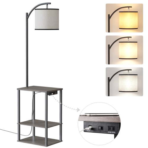 SUNMORY Floor Lamp with Table Lamps for Living Room with Charging Station(USB & AC Port) Rustic End Table Lamp with Shelves & 3-Color Temperature LED Bulb Lamp Table for Living