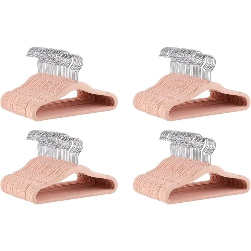 Amazon Basics Kids Space Saving Velvet Non-Slip Clothes Hangers with Shoulder Notches for Infant and Toddler, 11.6", Blush, 50-Pack