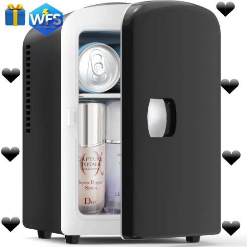 Auseo Mini Portable Fridge Personal, Beauty Refrigerator, Freon-Free & Eco Friendly, Includes Plugs for Home Outlet & DC Charger, Dorm Room, 4 Liter, Black