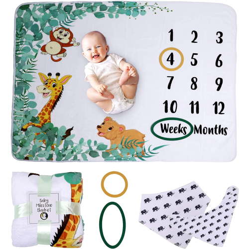 Baby Milestone Blanket – 50x40-inch Milestone Blanket with Bib & Frames – Soft Fleece Baby Milestone Photo Blanket – Gender Neutral Baby Grow Chart Blanket for Nursery Décor Baby Shower (Jungle)