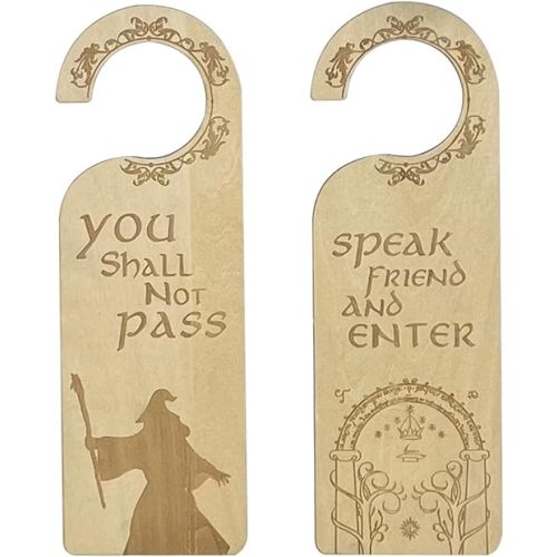 2 Pack Funny Lord of the Rings Wooden Door Knob Signs, One is Speak Friend and Enter Welcome hanger sign, The Other One is You Should Not Pass Hanging Wood Tag (Large Natural)
