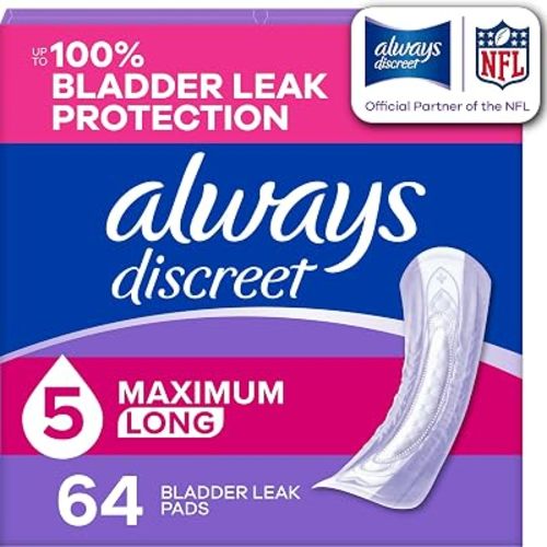 Always Discreet Adult Incontinence Pads for Women, Maximum Absorbency, Long Length, Postpartum Pads, 64 Count