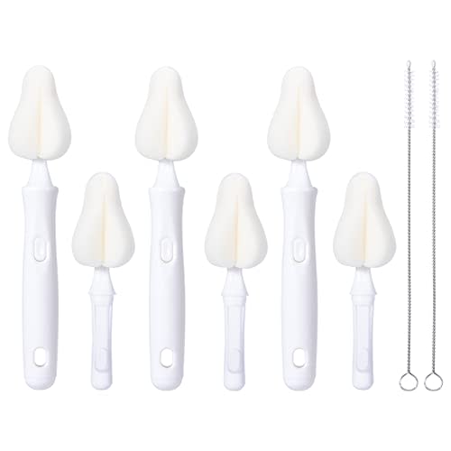 8 Pcs Sponge Nipple Bottle Brushes, Baby Bottle Brush with 3 Pcs Nipple Cleaner, 3 Pcs Replacement Heads and 2 Pcs Straw Brushes, White