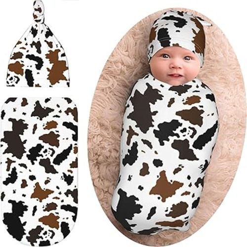 Brown Cow Print Baby Stuff Newborn Swaddle Blanket Beanie Hat Set, Soft and Stretchy Cow Print Baby Blanket Swaddle Sack Gift for Boy and Girl Highland Cow