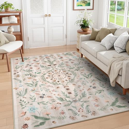 Lahome Washable Insect Botanical 6x9 Area Rugs for Nursery - Machine Washable Non-Slip Beige Bedroom Rug, Boho Low Profile Soft Faux Wool Carpet for Living Room Laundry Playroom Dining Room