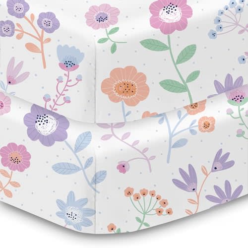 BreathableBaby Cotton Percale Fitted Sheet, for 52" x 28"/132 x 71 cm Crib & Toddler Bed Mattress, Blooms (2-Pack)