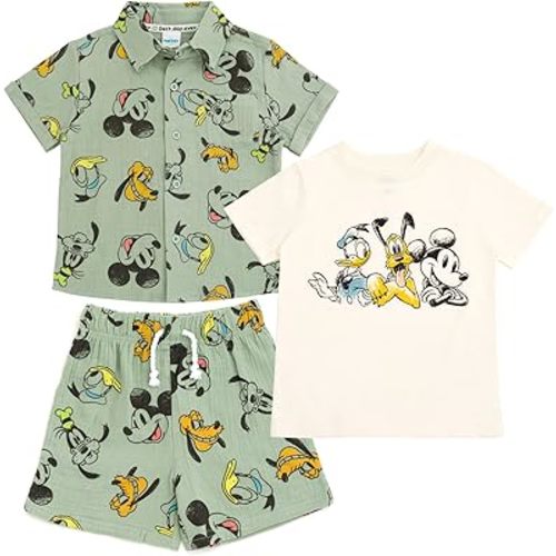 Disney Mickey Mouse Cotton Gauze Button Down Shirt, T-Shirt & Shorts 3 Piece Set Infant to Little Kid Sizes (12 Months- 7-8)