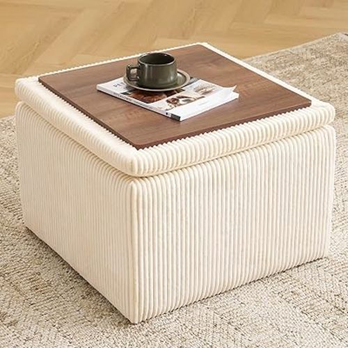 Cube Storage Ottoman, Ottoman Footstool with Removable Lid, Chenille Ottoman Foot Stools, Storage Ottoman for Chair, Multi-Functional Footrest, Corduroy Beige