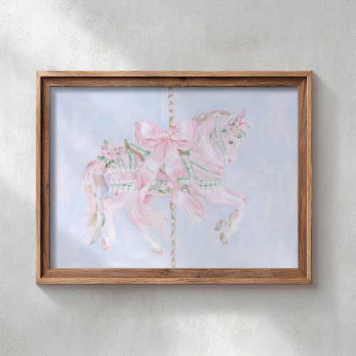Printed Pink Carousel Horse Wall Art - Soft Watercolor Coquette Decor, Vintage Floral Nursery Poster, Grandmillennial Design 0895
