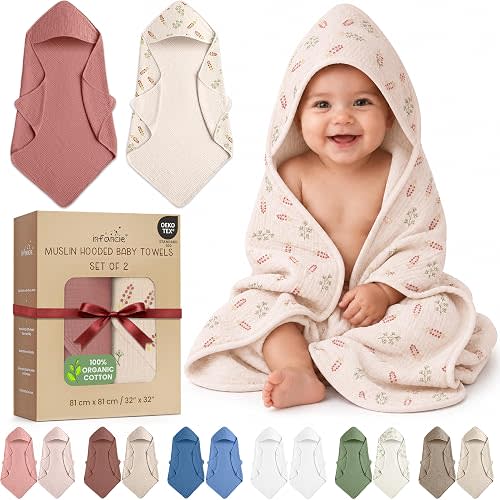 100% Organic Cotton 2 PK Muslin Baby Hooded Towels Infant 32x32 in