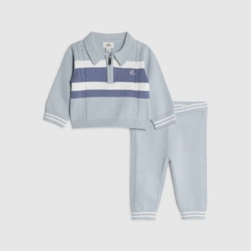 Baby Boys Blue Knitted Stripe Polo Shirt Set