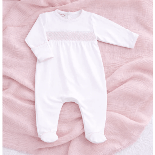 Baby Girl White Smocked Footie with Pink Trim - Magnolia Baby Pima Cotton