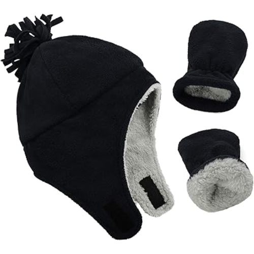 Century Star Baby Fleece Hat Warm Earflap Kids Caps Toddler Boys Winter Hat and Mitten Set