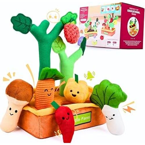 Montessori Toys 6-12 Months, Baby Sensory Toys Plush Fruits and Vegetables for Toddlers with Crinkle Rattle Velcro, 9 PCS Montessori Pull Out Fine Motor Play Food Shape Sorting Toddler Learning Toy