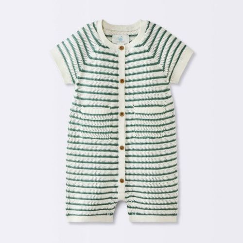 Baby Boys' Short Sleeve Striped Sweater Romper - Cloud Island™ Green 0-3M