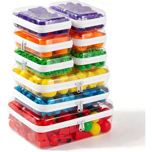 9 pcs Zipper Pouches Nesting Set, Hard Shell Toiletry Bag, Stackable Travel Organizer, Cosmetic Bags, Transparent Diaper Bag, Storage Cases (1 Tall M + 2M + 6S)