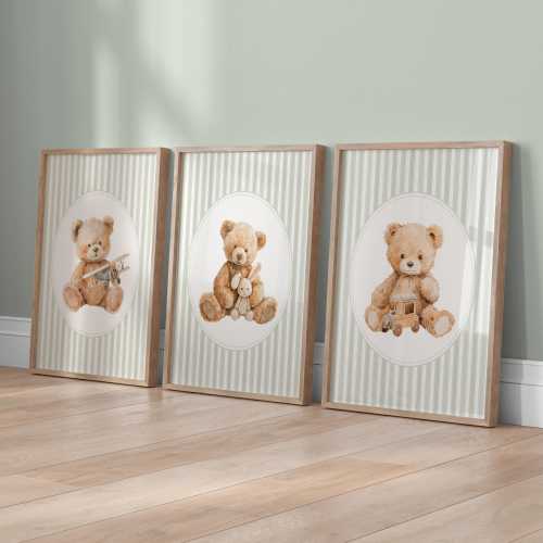 Vintage Teddy Bear Nursery Prints: Sage Green Wall Art, Set of 3 (Digital Download)