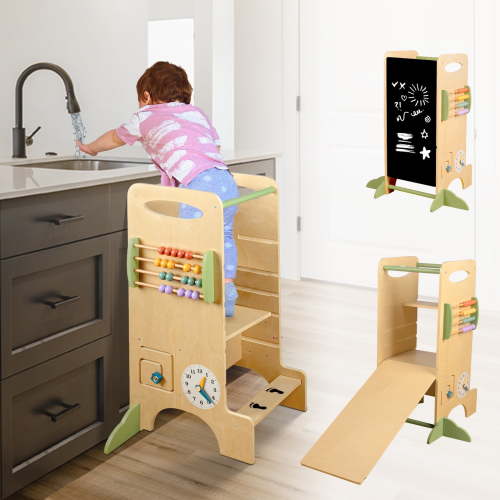 Wooden Toddler Tower Adjustable Height Step Stool, Toddler Kitchen Stool Helper with 8 Fun Learning Activities (Chalkboard, Slide, Bead Maze, Xylophone)