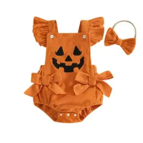 Infant Baby Girl Halloween Outfit Face Pattern Bows Ribbed Flying Sleeve Romper and Headband Set 0-18 Months - TikTok Shop