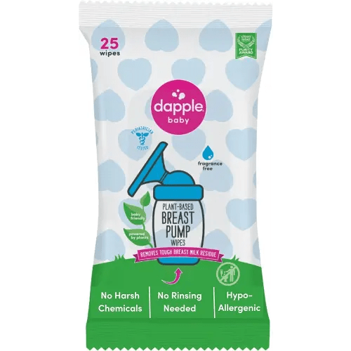 Breast Pump Wipes by Dapple Baby, Hypoallergenic & Powered by Plants, Removes Milk Residue, Leaves No Taste, Convenient Wipes Pouch, Fragrance Free, 25 Count (Pack of 1)