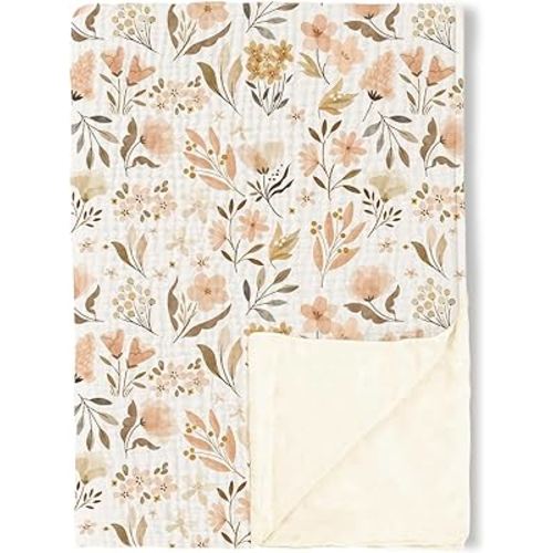 Konssy Baby Blankets for Unisex Boys Girls, Super Soft Nursery Minky Blankets with Muslin Cotton Front and Dotted Fleece Backing, Printed Bed Throws Newborn