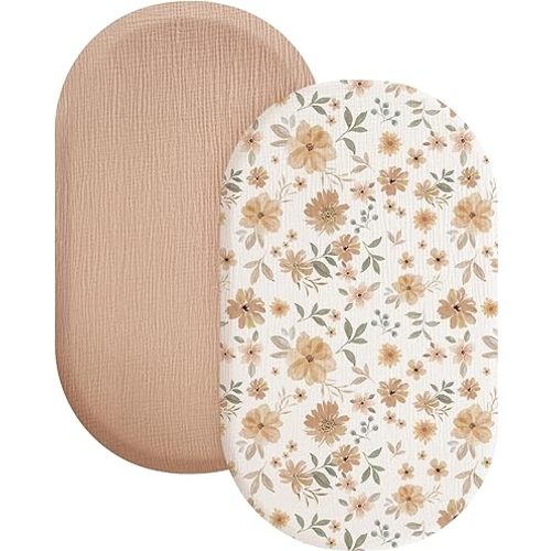 Konssy 2 Pack Muslin Fitted Bassinet Sheets for Baby Girl Boy, Soft Breathable Baby Bassinet Sheets Fit for Bassinets, Cradle, Moses Basket Oval Rectangle Pad/Mattress (Peach,Floral)