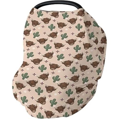 Western Highland Cows Car Seats Cover for Babies Boho Cows Cactus Stars Stretchy 5-in-1 Cover Adjustable Infant Carseat Cover Canopy Country Farm Animals Breathable Nursing Cover-Up