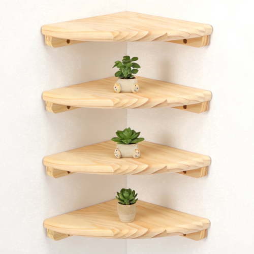 FUYGRCJ 4 Tier Corner Wall Shelves, 7 inch Rustic Wood Corner Floating Shelves, Wall Mounted Display Storage Rack with Cord Hole for Bedroom and Living Room