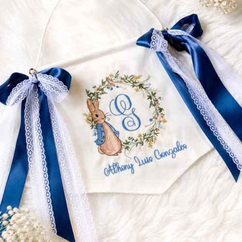 Personalized Bunny Baby Name Banner, Peter Rabbit Inspired Nursery Decor, Embroidered Baby Boy Wall Hanging, Baptism Gift, Baby Shower Decor
