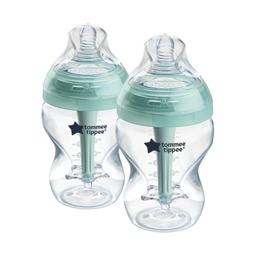Tommee Tippee Advanced Anti-Colic 9 oz BPA Free Baby Bottles, Newborn 0+ Months, Slow Flow Breast-Like Nipple, Unique Design Keeps Air Away from Milk and Baby, Clear, Pack of 2