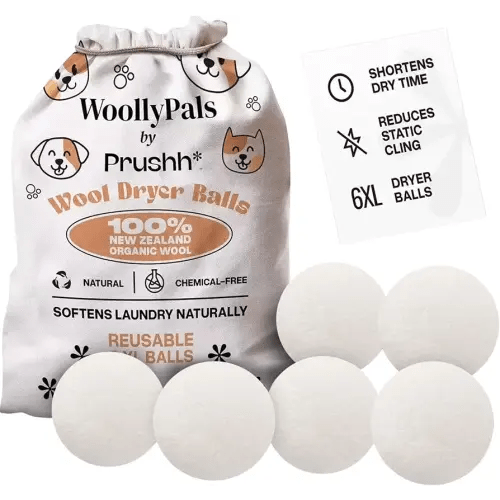 WoollyPals Dryer Balls (6-Pack, XL Size) - 100% New Zealand Wool - No More Dryer Sheets - Eco Dryer Balls - Reusable - Softens Laundry - Reduces Drying Time & Static - with Storage Bag (Plain White)