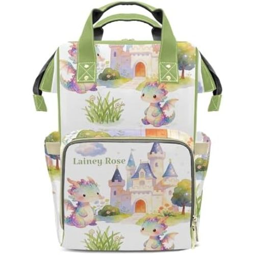 Cute Dragons Castle Diaper Bag for Women, Personalized Diaper Backpack with Name, Customized Travel Backpack Daypack for New Mom Mommy