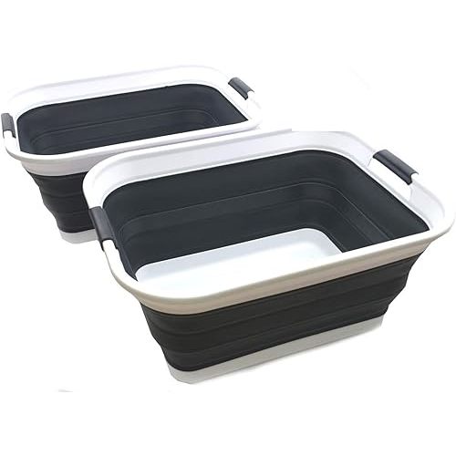 SAMMART 42L(11 gallon) Set of 2 Collapsible Plastic Laundry Basket-Foldable Pop Up Storage Container-Portable Washing Tub-Space Saving,Water capacity 34L(9 gallon) (2 rectangular - strengthen, black)