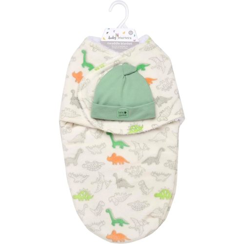 Ultra Soft 2 Ply Plush Swaddle Blanket with Novelty Hat for Baby, 2 Piece Set, Multi Dino Print, 0-3M