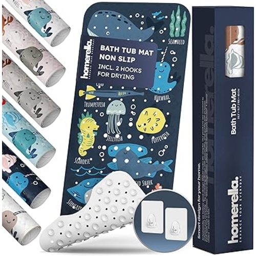 Bath Tub Mat Non Slip Anti Mold for Kids BPA Free INCL Hooks - homerella® Ocean Sea Animals 40x16, Baby Bath Mat Non Slip 200 Suction Cups, Non Toxic Machine Washable Toddler Bath Mat, EU Certified