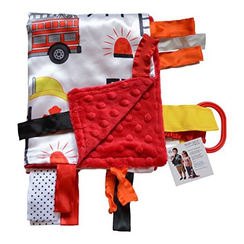 Baby Sensory, Security & Teething Closed Ribbon Tag Lovey Blanket with Minky Dot Fabric: 14”X18” (Firefighter)