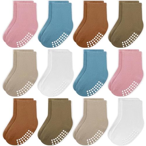 JAKIDAR 12 Pack Baby Toddler Socks Non Slip Grip Cotton Crew Socks for Boys Girls Infants Kids